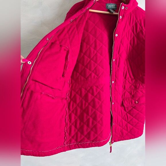 Lauren Ralph Lauren Womens Quilted Jacket Hooded Red Full Zip Cotton XL Barn - Picture 13 of 16